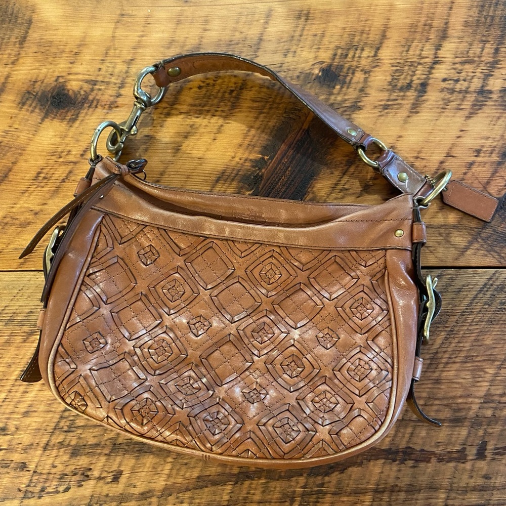COACH Zoe Leather Woven Brown Hobo Purse